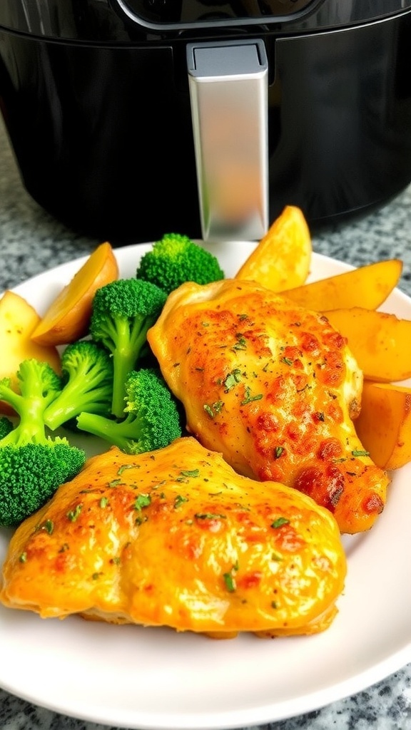 Air Fryer Two-Compartment Recipe Guide Air-fried chicken, potato wedges, and broccoli on a plate, showcasing a healthy meal cooked in a two-compartment air fryer.